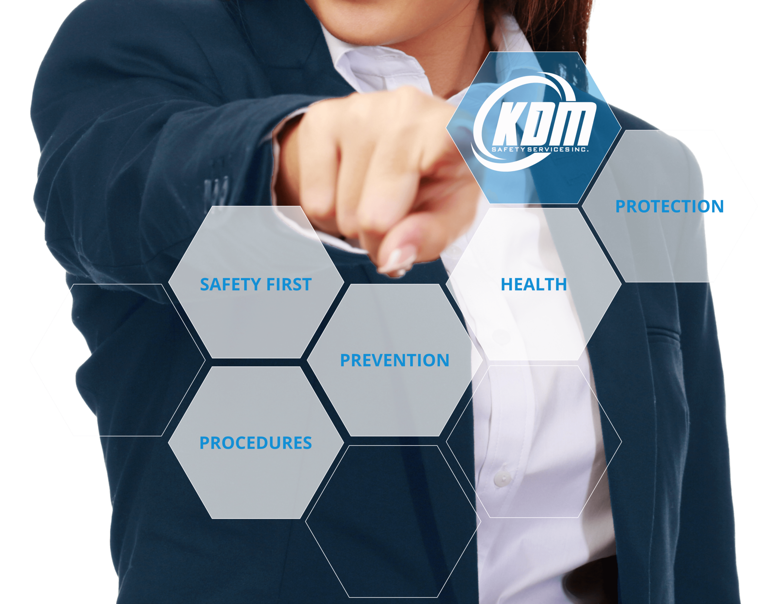 Female pointing to KDM Safety Services Logo